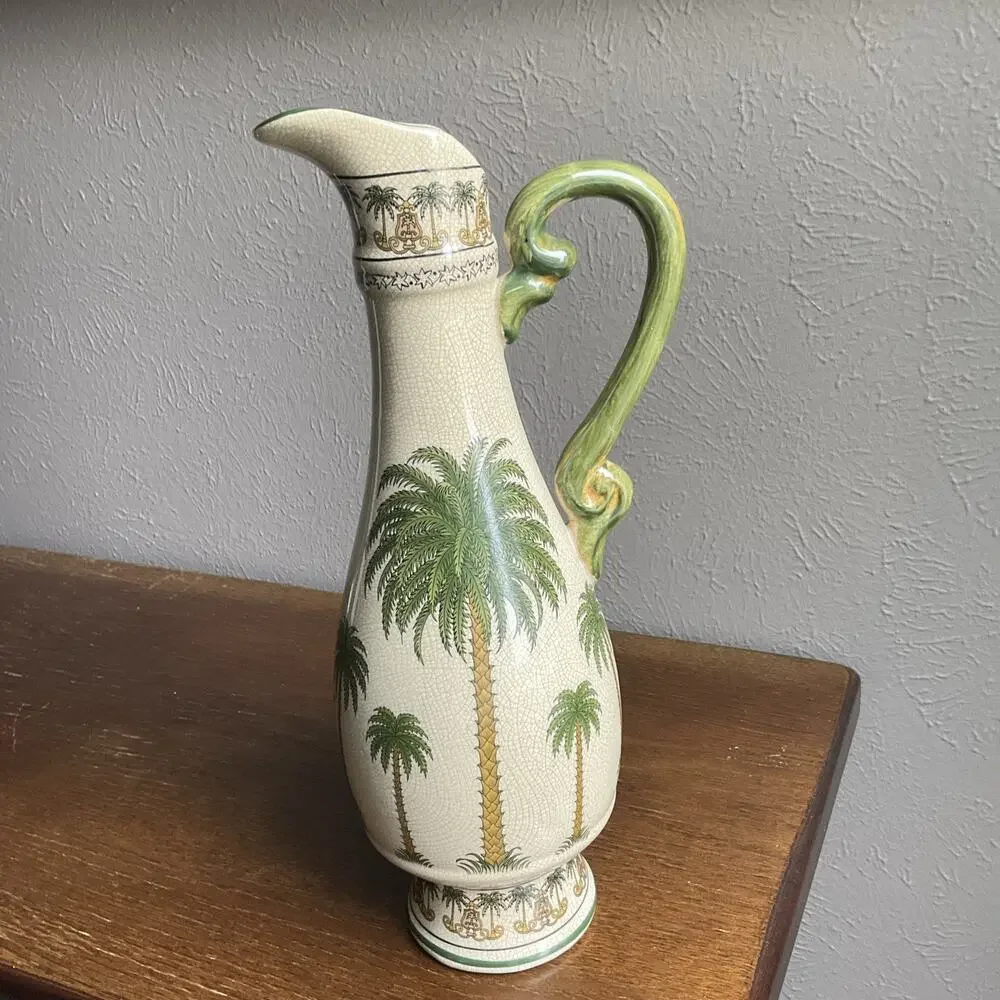 Vintage 2001 Ceramic crackle glaze Vase with Palm Trees 14- 1/2